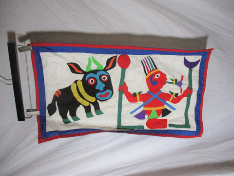 Latin American Handmade Tapestry Wall Hanging Art Inca Pueblo Bull Figural Aztec