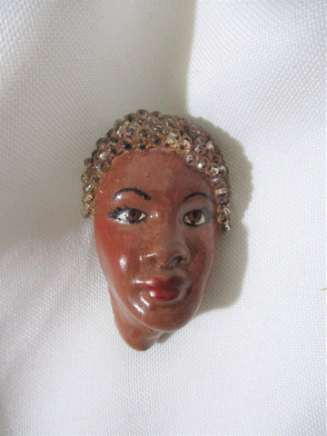 Signed TMW African Black Woman Face Hand Painted Jewelry Brooch Pin