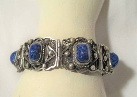 FILIGREE LAPIS LAZULI BLUE Silver SHELL Hinged CUFF BRACELET BANGLE Jewelry Boho Statement