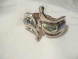 Vintage Signed TAXCO ABALONE Sterling Silver Hinged CUFF BRACELET BAND Jewelry Boho Statement
