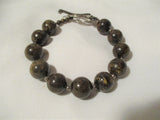 Sterling Silver Floral BROWN STONE BEAD BRACELET BANGLE Jewelry Boho Natural