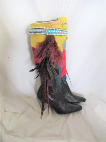 Handmade Upcycled ENZO ANGIOLINI Knee High Boot Feather Boho Hippie 7 Leather Patchwork
