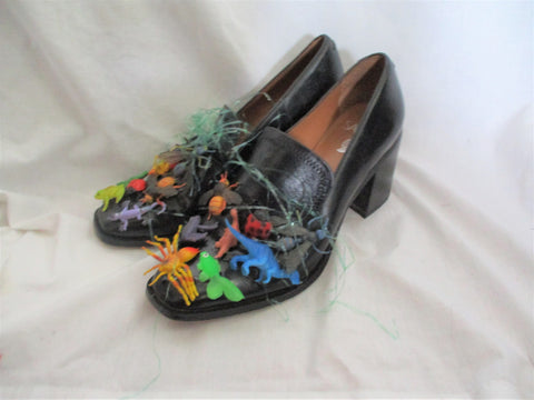 Handmade Upcycled SARTO Bug Slip on Loafer Heel Shoe Boho Hippie 8.5 Leather BLACK