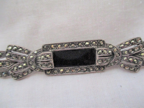 STERLING SILVER BROOCH PIN MARCASITE Glass Onyx BLACK Noveau Deco Jewelry