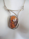 Handmade Signed Vintage Retro Hinged AMBER Sterling Silver Pendant Necklace