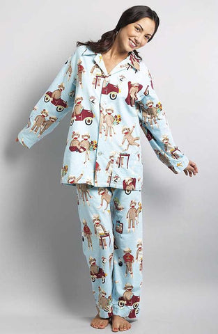 Set NICK & NORA SOCK MONKEY Flannel Pajamas PJs Sleepwear Lounge XXL BLUE